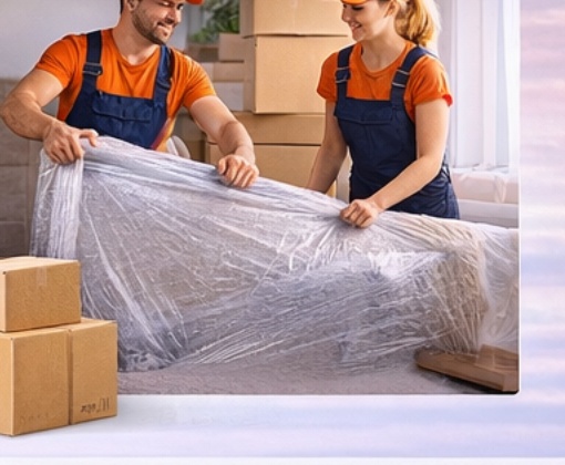 Professional packers wrapping furniture safely during home relocation
